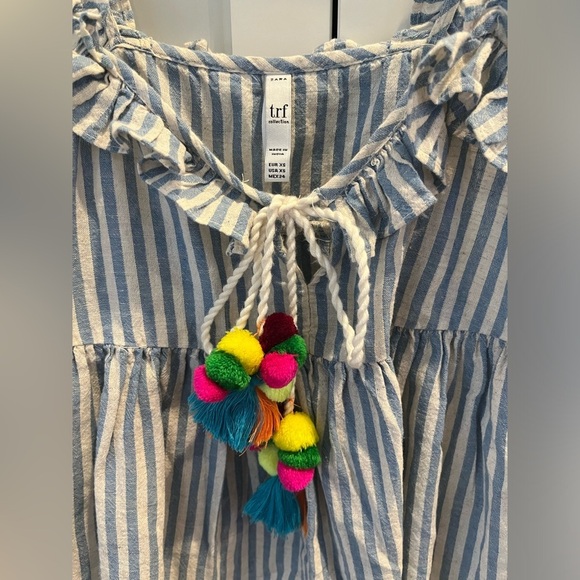 Zara TRF Collection Blue & White Pom Pom Boho V Neck Striped Cropped Top Sz. XS - Picture 2 of 5